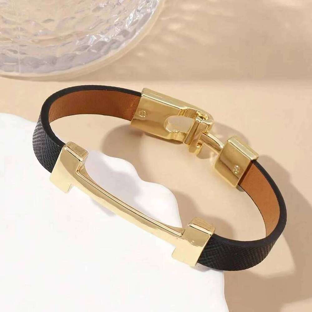Jewellery Bracelet Designer Black Gold Plated Bar Closure Brown Leather with Smooth Metal Surface for Unisex Daily Wear and Special Occasion Gift High