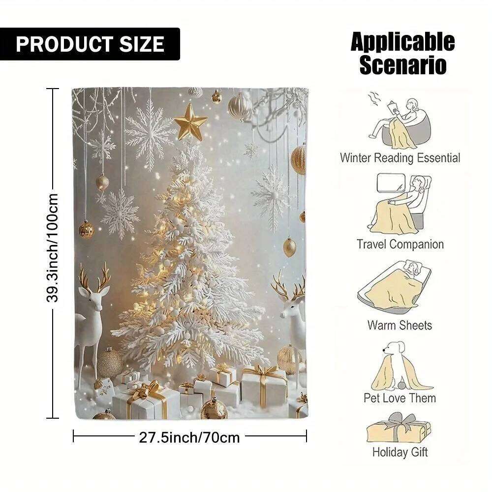 Christmas Deer Flannel Throw Blanket, Winter Wonderland Design in White Gold, Plush All Season for Sofa Bed, Festive Decor Gift XJ260112