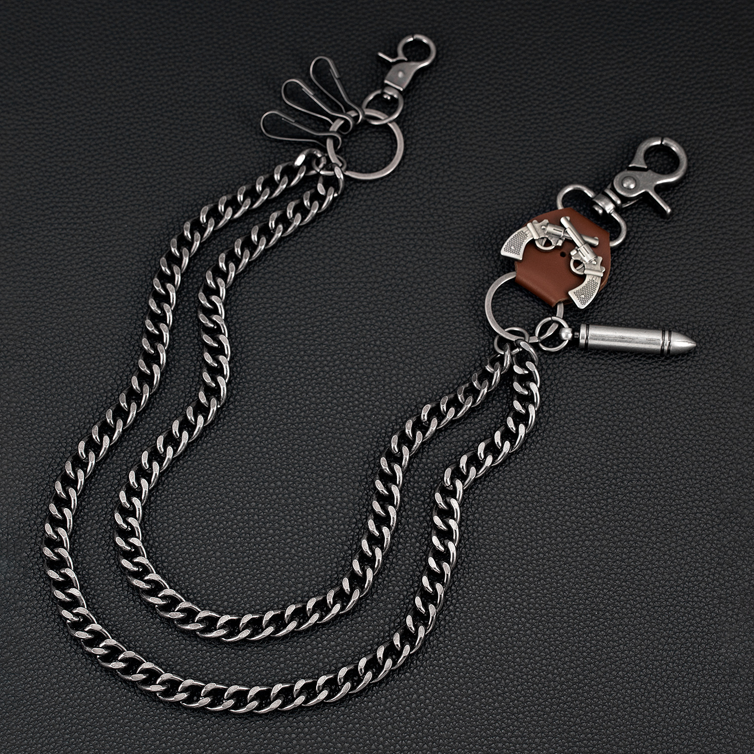 Fashionable Boutique Creative Double Gun Bullet Retro Style Double Layer Thick Pants Chain Metal Cowhide Double Chain Trendy Jeans Pendant
