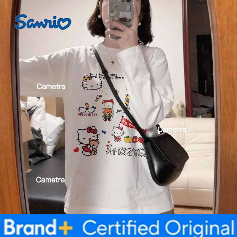 Sanrio Cute Kitty Sweet 3D Printed Round Neck Long Sleeve T-Shirt Women's Spring and Autumn Thin Loose Lazy Quick Drying Top H260112