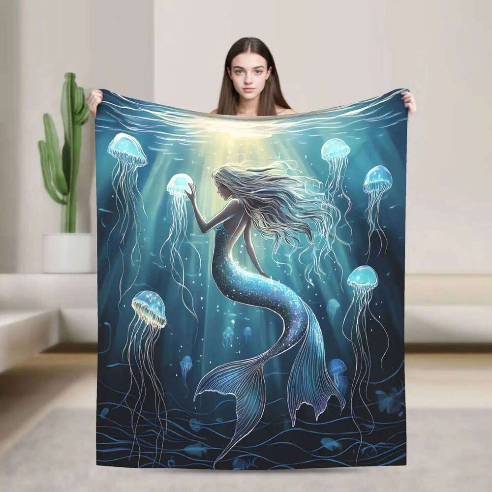 Mermaid Ocean Flannel Blanket - Soft Warm Beige Sofa Decor Throw XJ260112