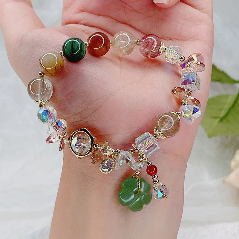 Natural Green Jade Flower Waterdrop Pendant Multicolor Rutilated Quartz Crystal Beaded Bracelet for Women Fine Jewelry YBR572 260107