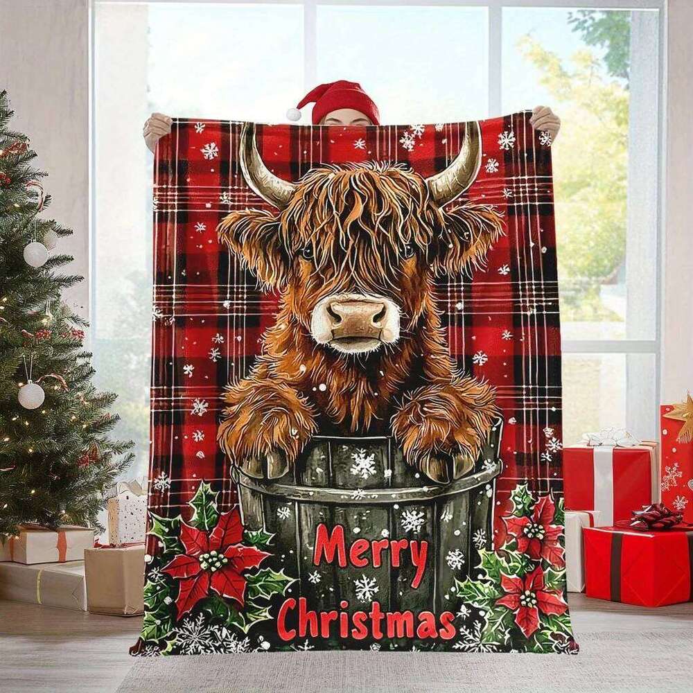 1 Pec Soft Warm Christmas Highland Cow And Snowflake Flannel Blanket Cozy Festive Gift For Family Travel Office Decoration XJ260112