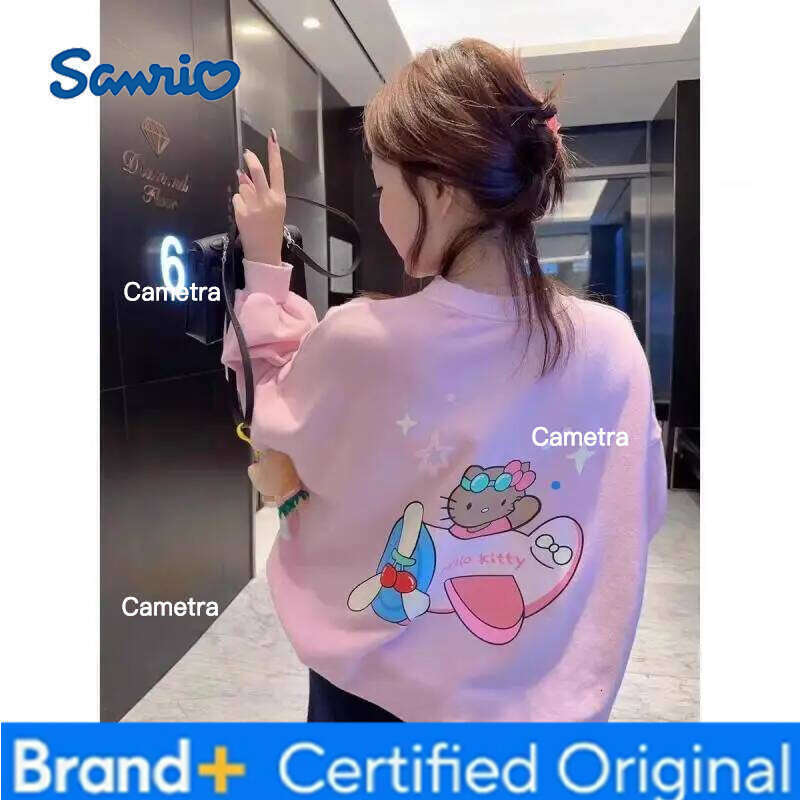 Sanrio Hot Sweet Cartoon Hello Kitty Long Sleeves Off Shoulder Girl Printing Loose Spring and Autumn Style Hoodie H260112