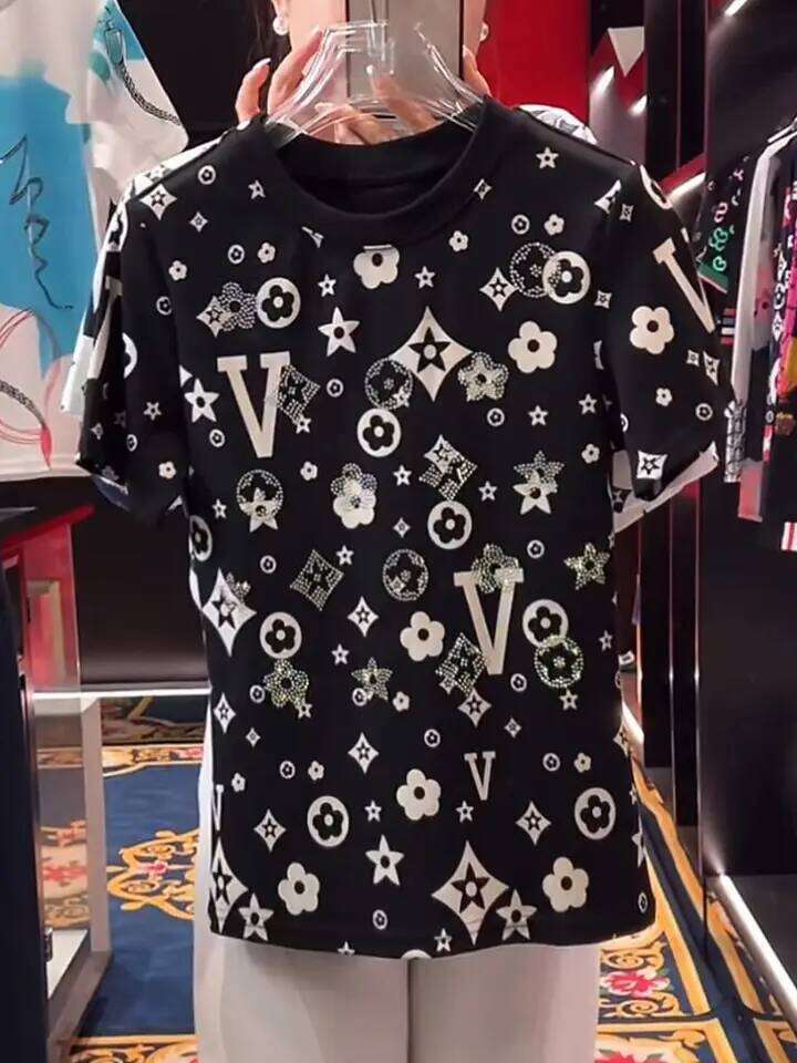 Luxury Diamond Geometry Designer Fashion Pattern Retro T Shirts White Cotton Summer Short Sleeve Tees Top High Street Fashion Women Niche Clothes