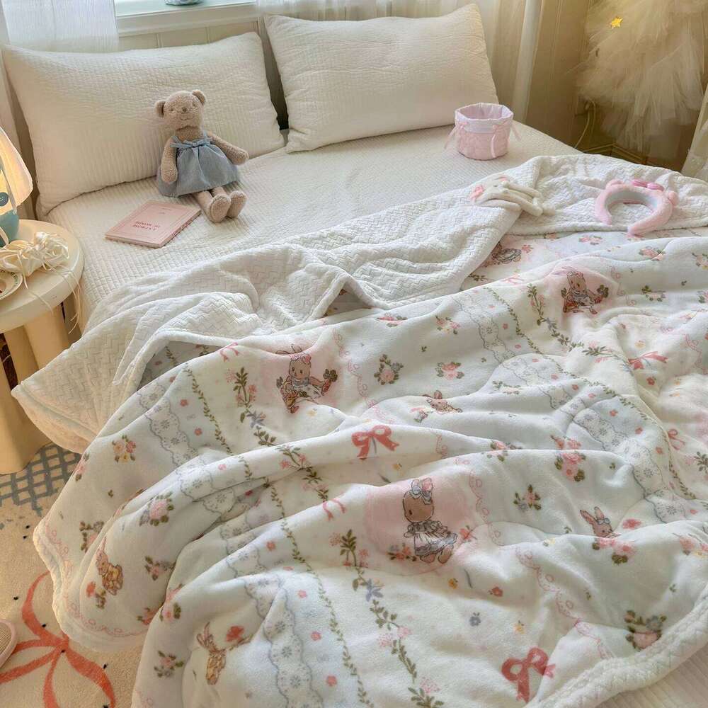 Cartoon Rabbit Print Flannel Winter Warm Cozy Throw Blanket for Bed Sofa Travel Floral Printed Soft Plush Blankets XJ260112