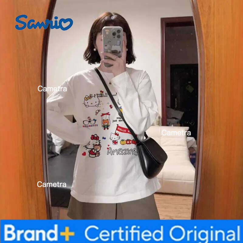 Sanrio Cute Kitty Sweet 3D Printed Round Neck Long Sleeve T-Shirt Women's Spring and Autumn Thin Loose Lazy Quick Drying Top H260112