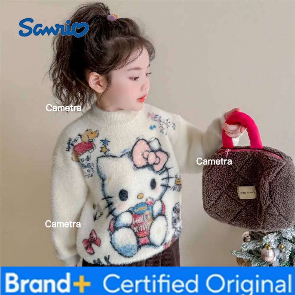 Sanrio Hello Kitty Girls Kawaii Cartoon Knitted Autumn and Winter Children's Thickened Warm Base Layer Sweater Top H260112