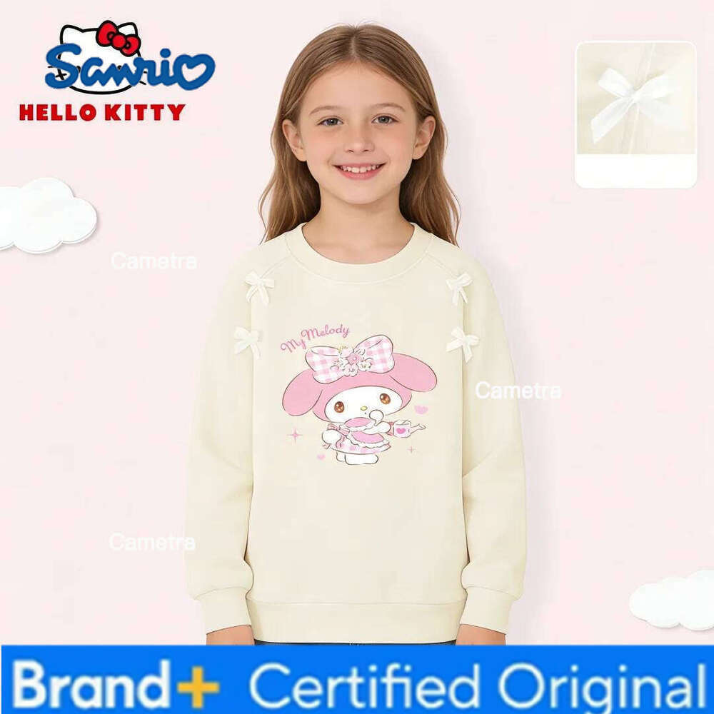 Sanrio Hello Kitty Prints Kids Bow Decoration Pullover Hoodies Girl Round-neck Long-sleeved T-shirt Spring Autumn Breathable Sweatshirt H260112