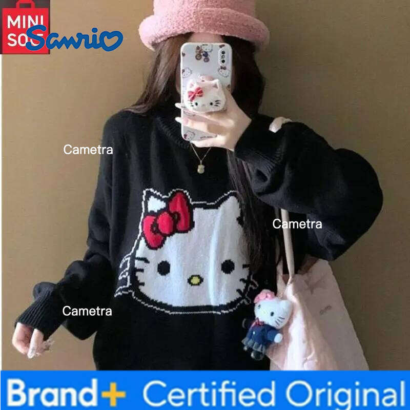Sanrio MINISO Hello Kitty Jacquard Warm Round Neck Hooded Women's Loose and Slimming Knitted Sweater H260112