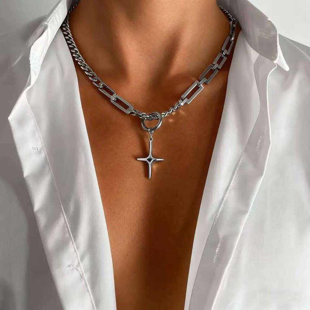 YQ 316L Stainless Steel Star Cross Pendant Chain Necklace For Men Goth Punk Style Jewelry Accessories H260112