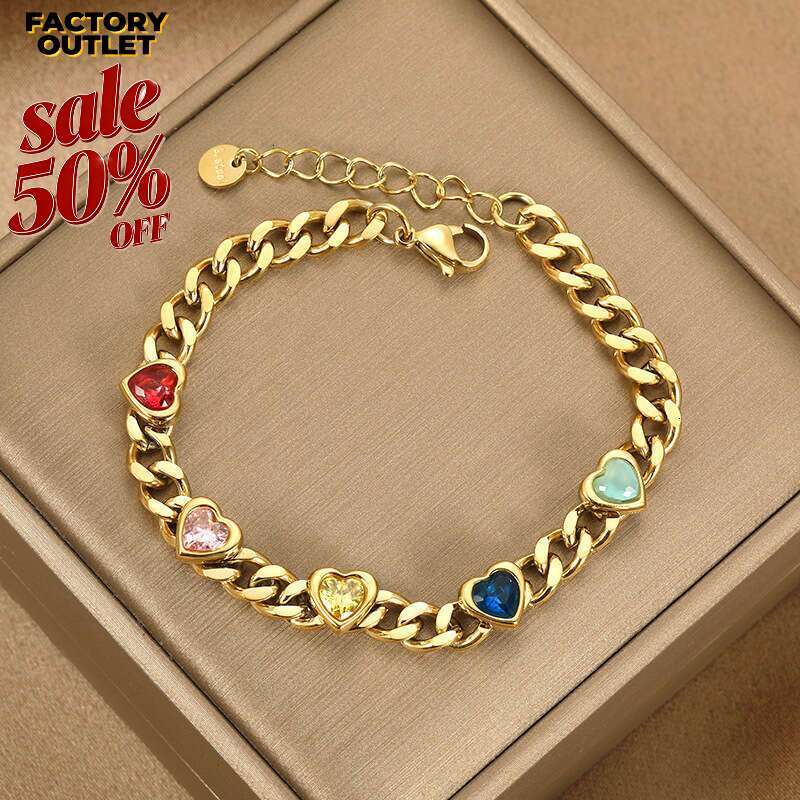 Multicolor Heart Charm Gold Cuban Chain Bracelet European American Retro Personality Niche Non-Tarnish Versatile Trending Jewelry Free Shipping