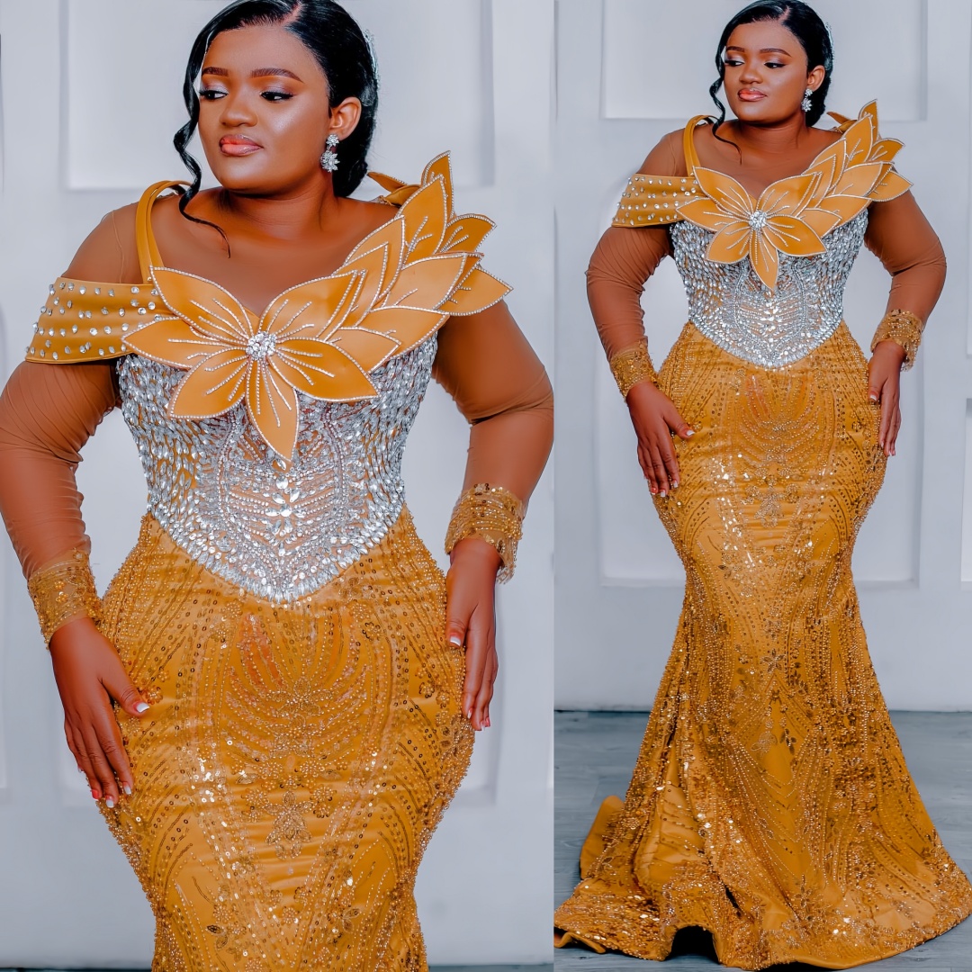 Aso Ebi Gold Mermaid Prom Dresses 2026 Flowers Crystals Sheer Neck Sequined Evening Formal Party Second Birthday Engagement Gowns Dress For Special Oc