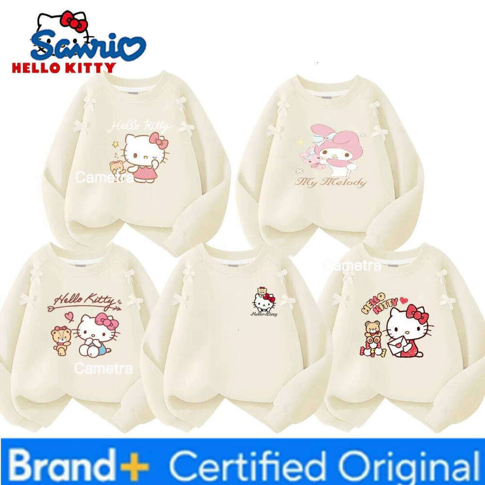 Sanrio Hello Kitty Girl Bow Decoration Long-sleeved T-shirt Spring Autumn Soft Breathable Hoodies Kids Comfortable Pullover H260112
