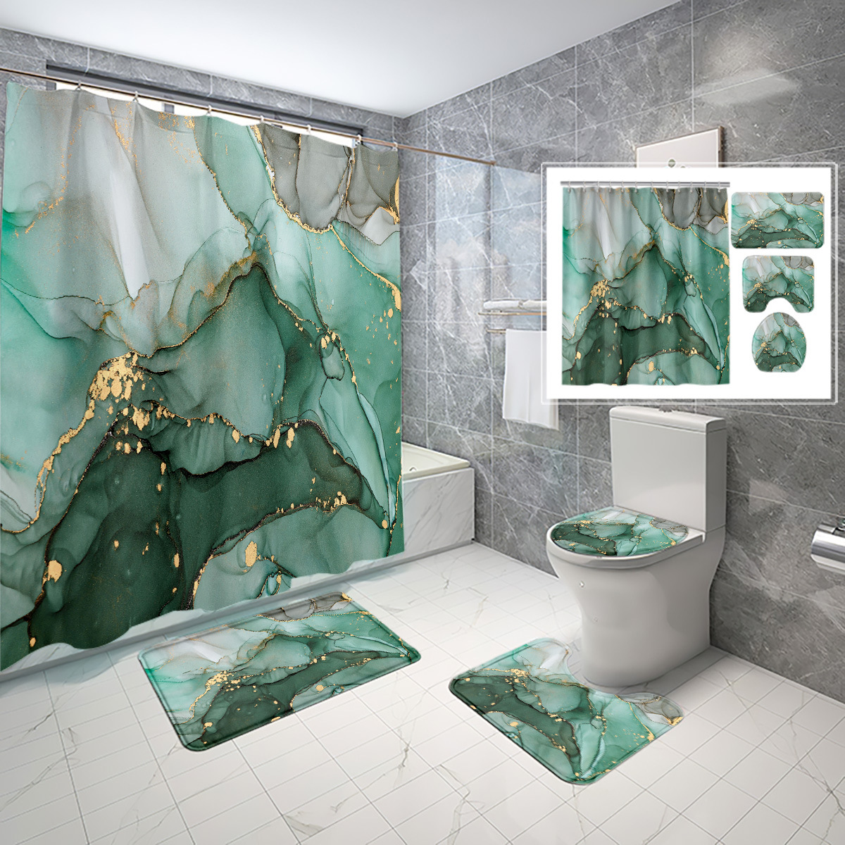 YL-38148 Golden Marble Digital Printed Waterproof Shower Curtain Set (4 Pieces) Wholesale