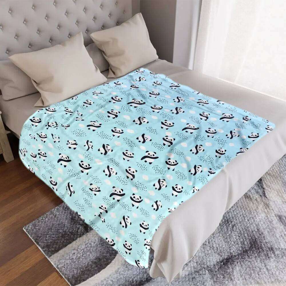 Light Blue Whimsical Panda Throw - Soft, Cosy Printed Blanket with Cute Pandas, Scattered Clouds & Dotted Patt XJ260112