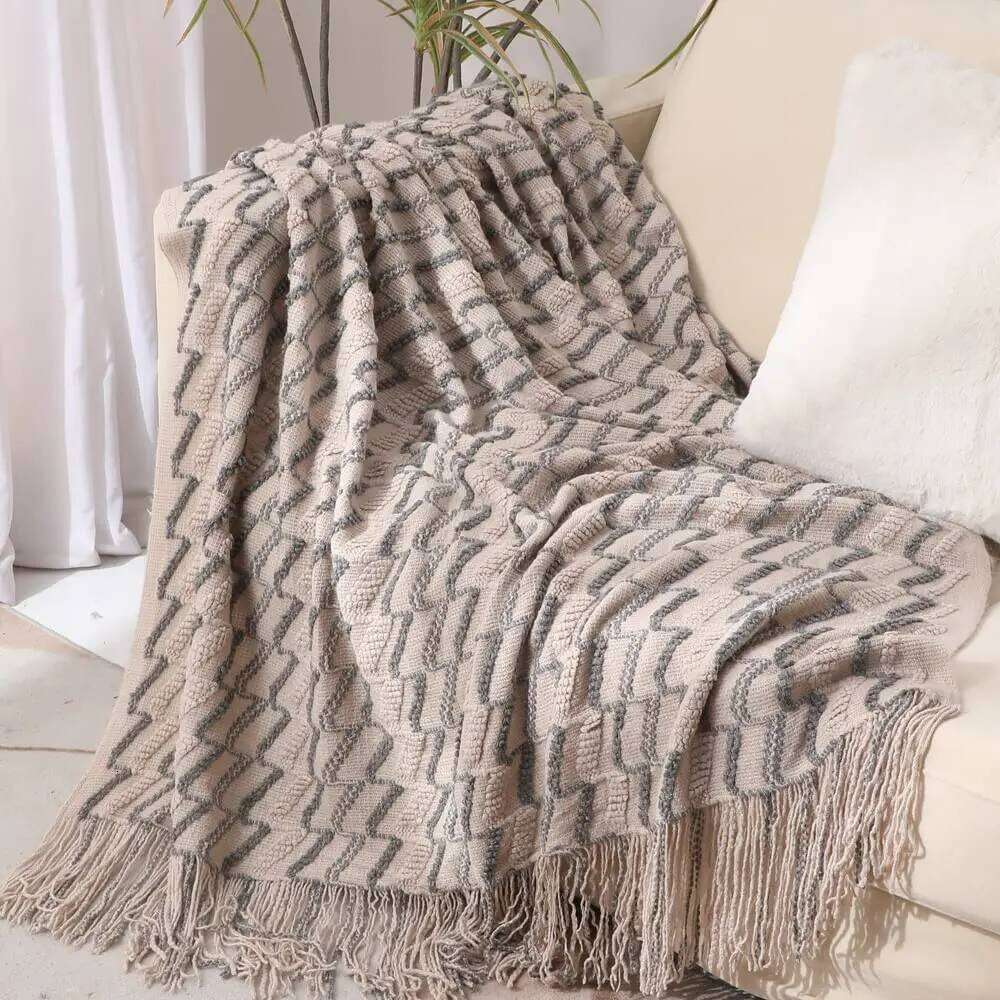 100% Acrylic Khaki Knitted with Tassel Gift Bed Sofa Travel Breathable Chic Bohemian Soft Comfortable Blanket XJ260112