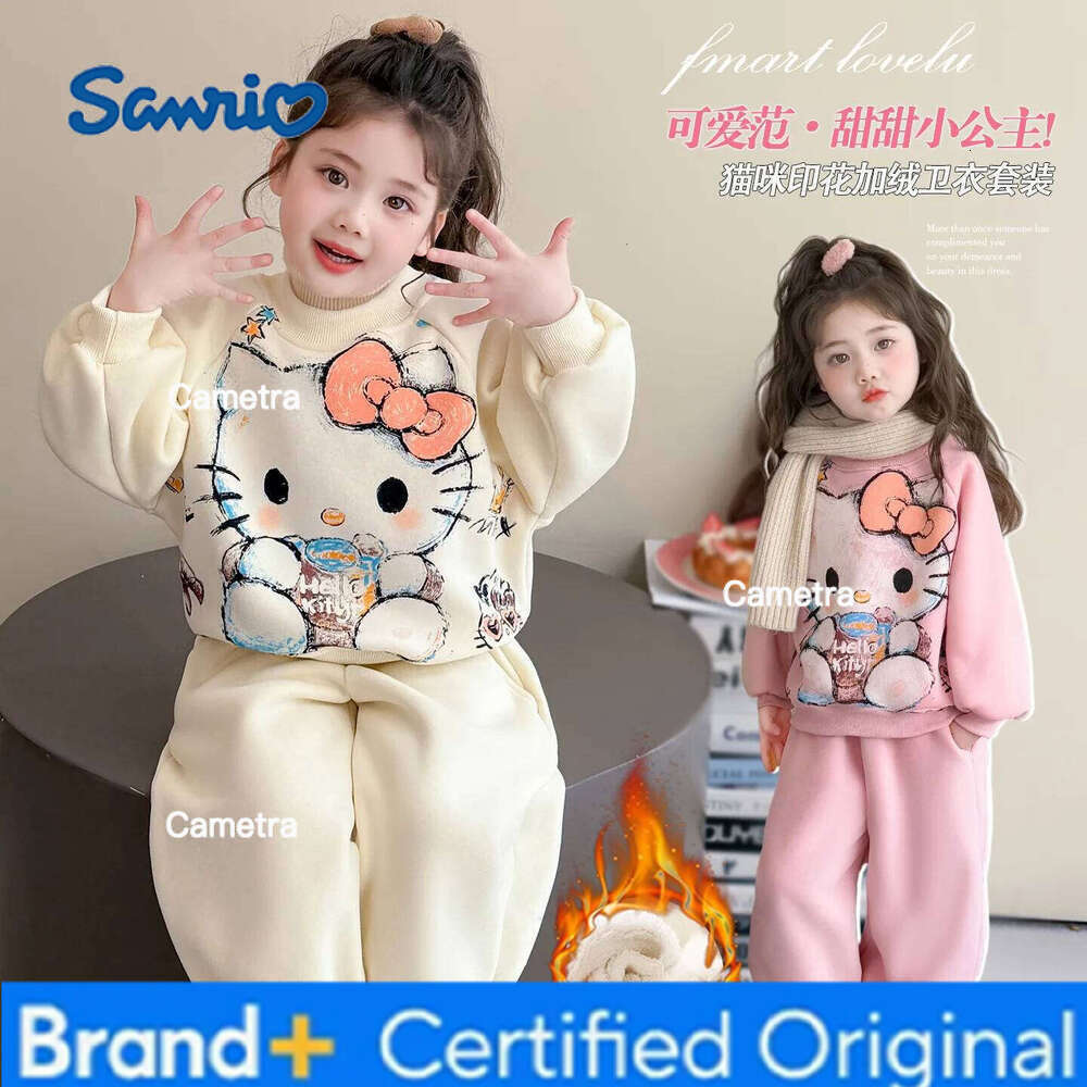 Sanrio Cute Kitten Girls' Clothing 2025 Autumn Winter New Cartoon Anime Hoodie 2Pcs Thickened Warm Sweatshirt Set Fashion Casual Wear H260112
