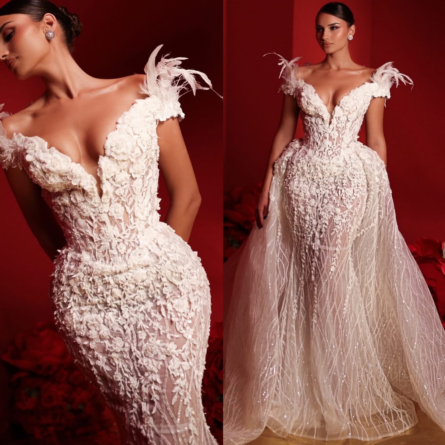 African Aso Ebi 2026 Ivory Mermaid Wedding Dress Floral Lace Illusion Detachable Train Vintage Bridal Gowns Dresses ZJ220