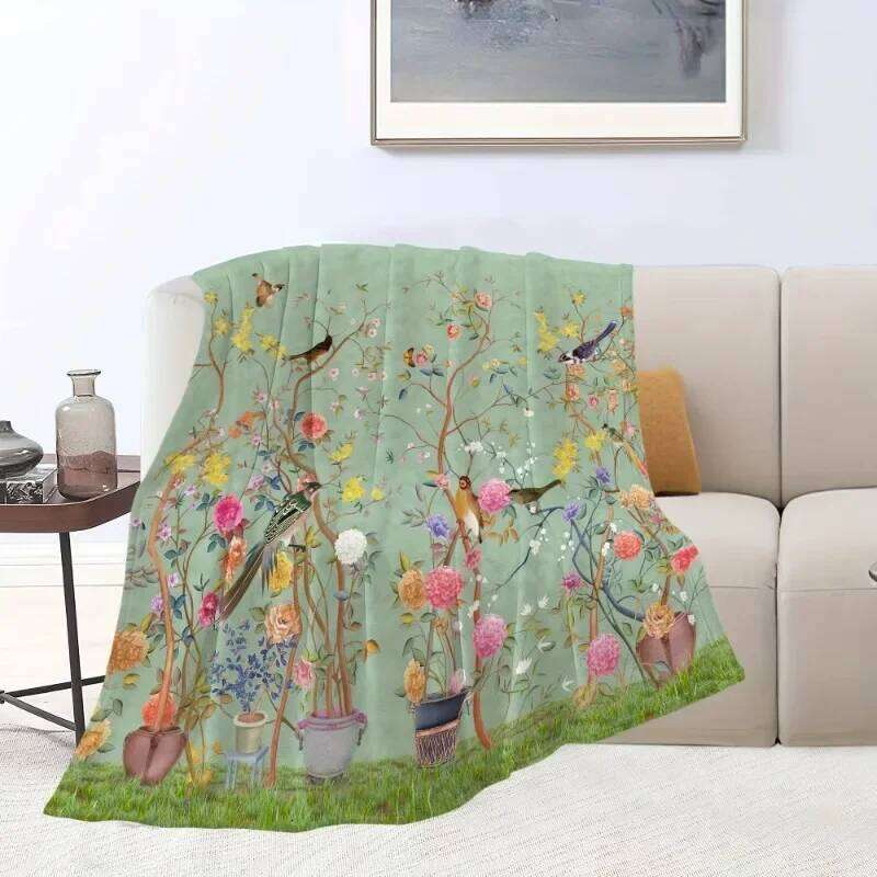 1pc Creative Flower and Bird Flannel Comfortable Warm Soft Sofa Throw for All Seasons Office Bed Travel Blanket XJ260112