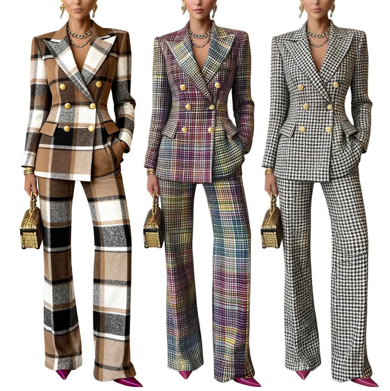 designer blazer women suit slim fit plaid pant suits two pieces set for woman