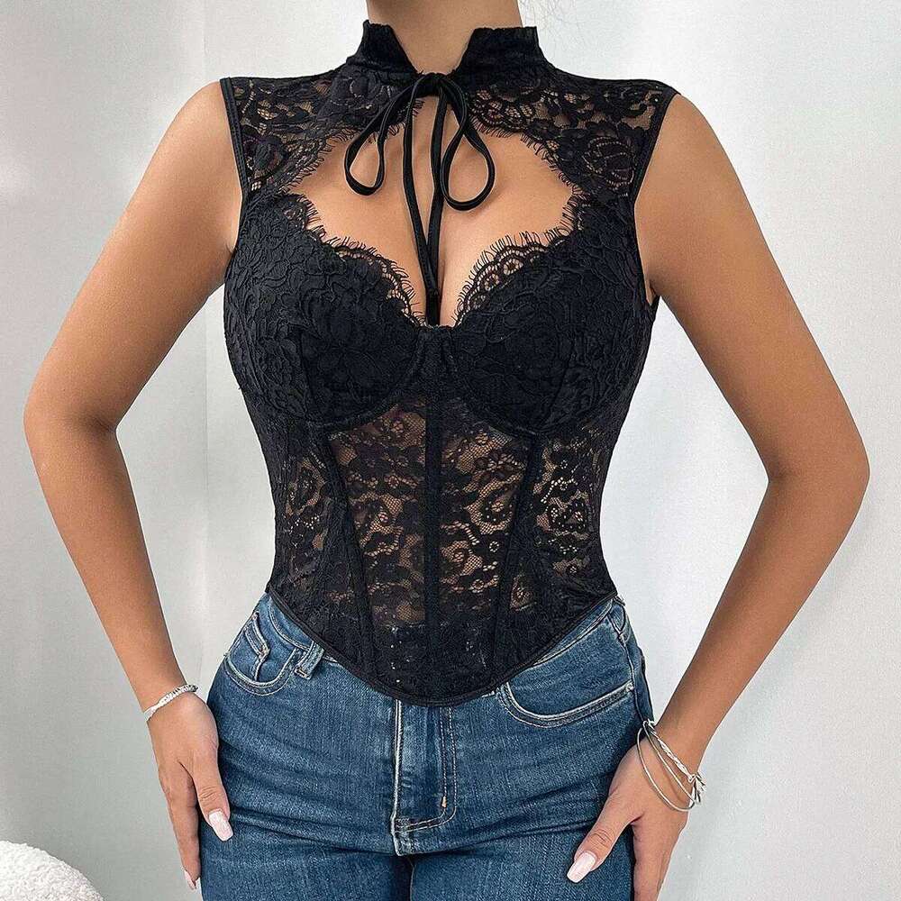 Lace Mesh Sheer Corset Tops Sexy Cut Chinese Style Bustier Summer Going Out Date Night Club Party Concert Fishbone Camisole