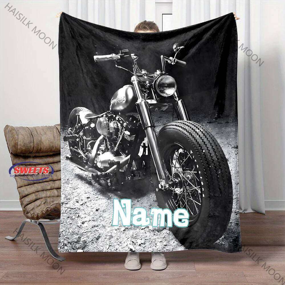 Personalized Name Customization - Vintage Motorcycle Printed Blanket Gifts for Husband Son, Birthday Christmas Thanksgiving Gift XJ260112
