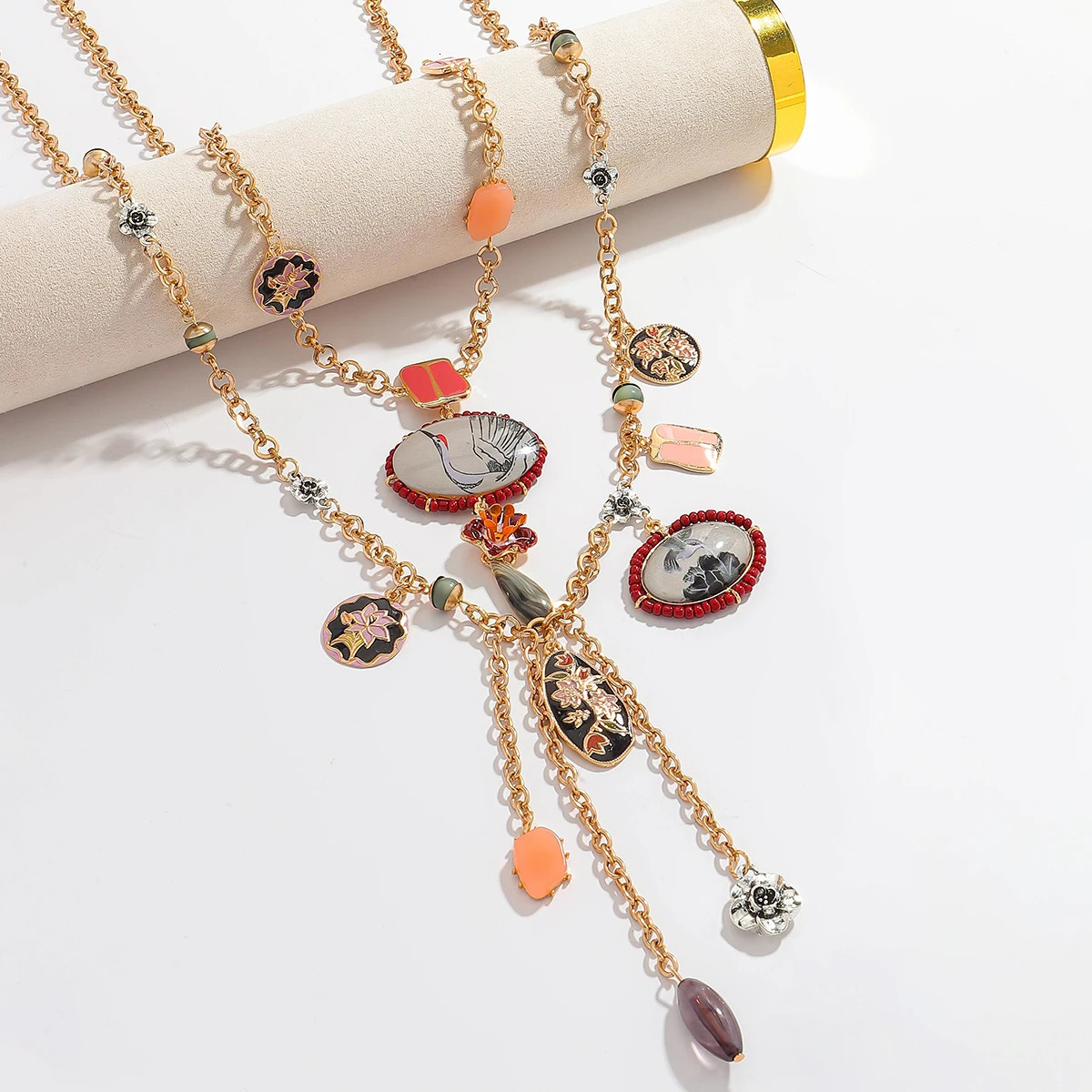 ZAA Multi-layered Painted Flowers and Cranes Ancient Style Pendant Necklace Geometric Tassel Necklace Neck Accessories 260107