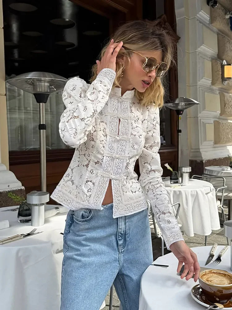 Womens Chic O Neck Full Sleeve Slim Knit Blouses Retro Chinese Hollow Out Lace Waist Shirt Summer 2025 Lady Highstreet Top 251231