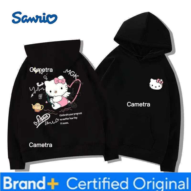 Sanrio Hello Kitty Graphic Hoodie Women 2025 Autumn Gray Oversized Printed Pullover Casual Streetwear Y2K Aesthetic Fashion Comfortable H260112