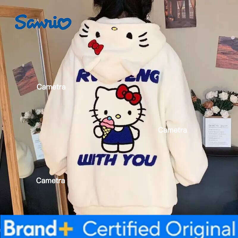 Sanrio Anime Hello Kitty Cute Jacket Cartoon Kawaii Y2K Women Tops Fashion Sweetheart Girl Sweatshirts Fleece Warm Hooded Zip-Up H260112