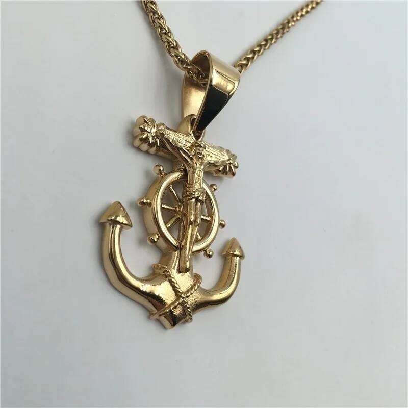 Cross Rudder Anchor Pendant Necklace Gold Color Plated Jewelry Stainless Steel Navigation Religious Necklacejavascript: H260112