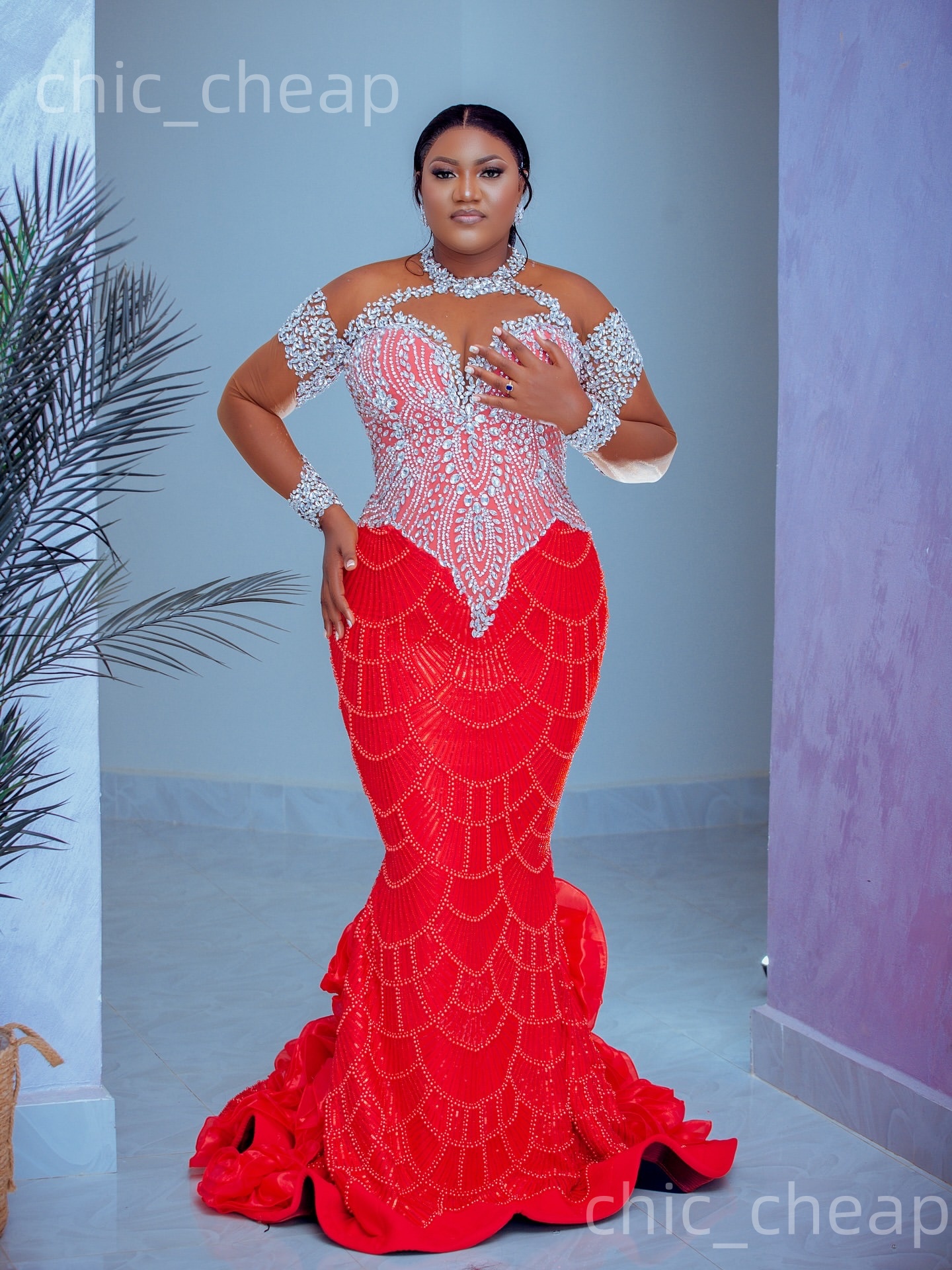 Aso Ebi Red Mermaid Prom Dresses 2026 Beaded Crystals Full Sleeves Sequined Evening Formal Party Second Birthday Engagement Gowns Dress For Special Oc