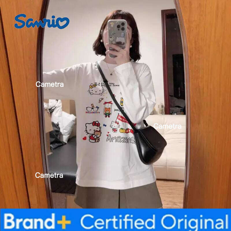 Sanrio Cute Kitty Sweet 3D Printed Round Neck Long Sleeve T-Shirt Women's Spring and Autumn Thin Loose Lazy Quick Drying Top H260112