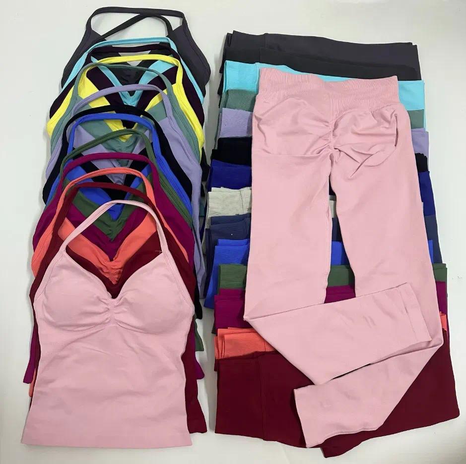 US Stocks 2pcs Gym Set Women Padded Tank Tops Longline High Waist Scrunch Seamless Yoga Leggings Fitness Clothes Workout Sets Suit Activewear Tracksuit Pants