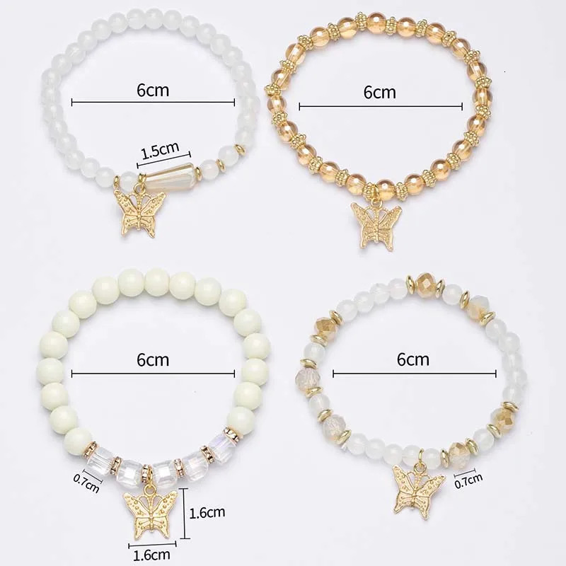4Pcs Trendy Butterfly Beaded Bracelet Set For Women Pink Acrylic Beads Elastic Chain Bangle Female Bohemian Party Jewelry Gift 260107