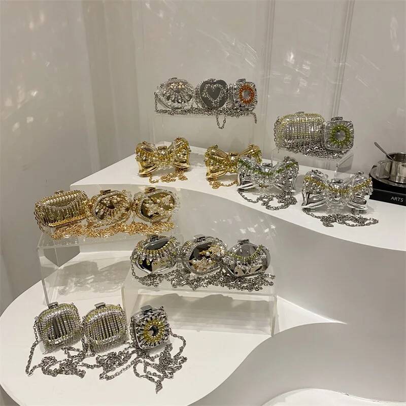Bestseller Dinner for women Metal mini rhinestone tassel shoulder women's crossbody chain box gold evening bag ddmybear