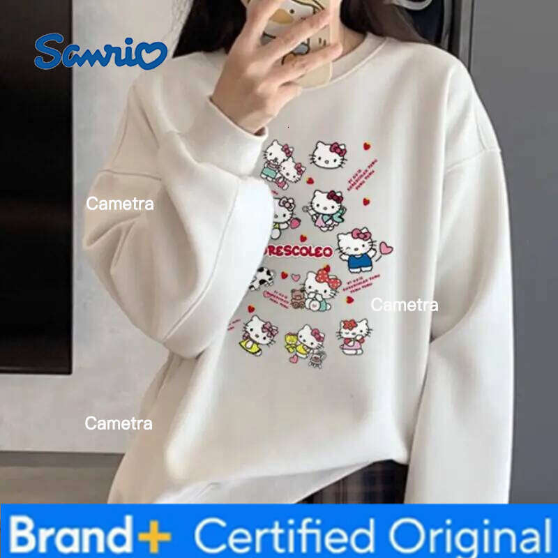 Sanrio Kawaii Hello Kittys Fresh Cute American Style Retro Spring Autumn College All-Match Add Velvet Hoodie Long Sleeves T-Shirt Girl H2601121
