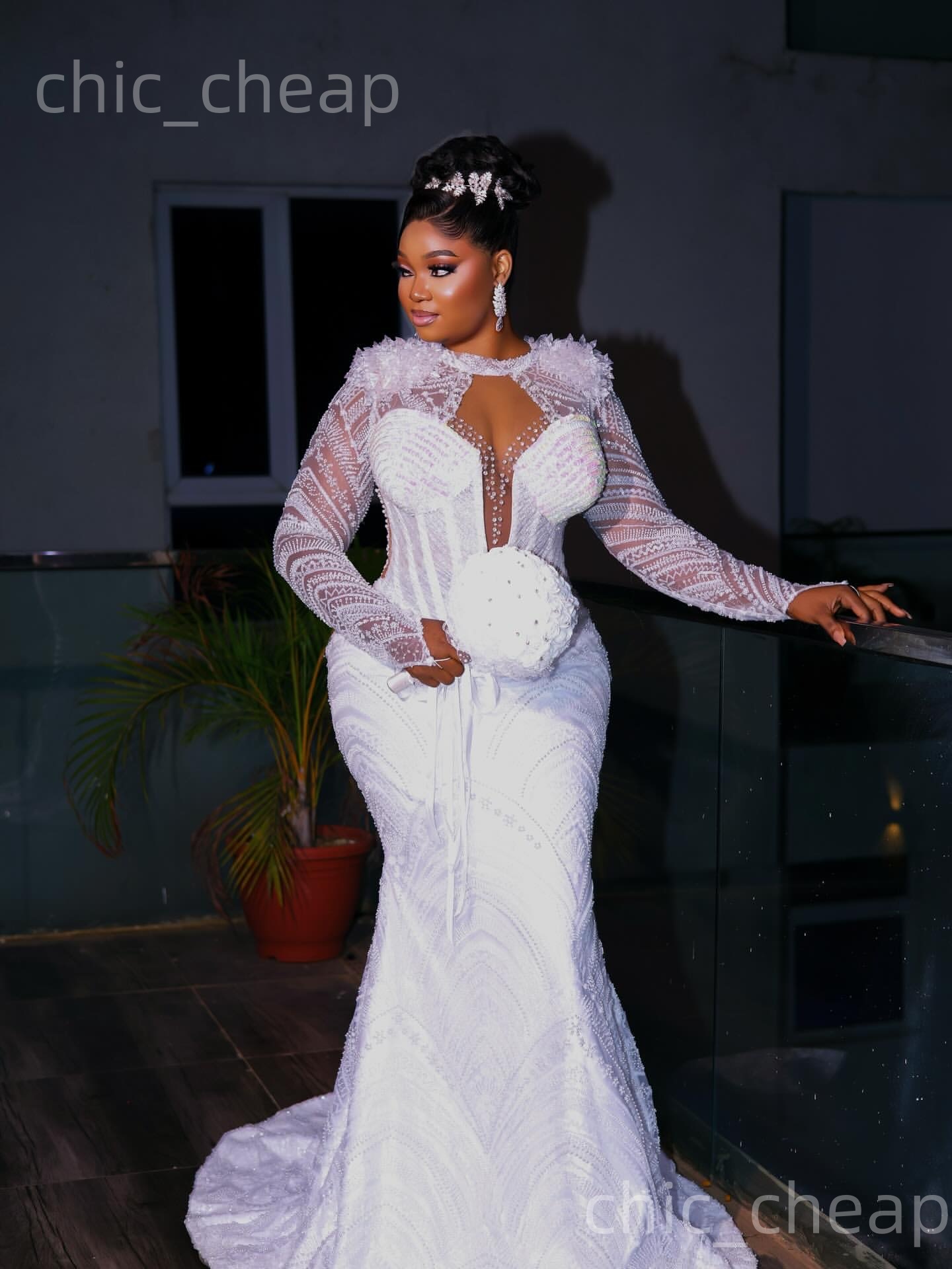 African Aso Ebi 2026 White Mermaid Wedding Dress Rhinestones Beaded Full Sleeves Sequined Sheer Neck Bridal Gowns Dresses ZJ2279