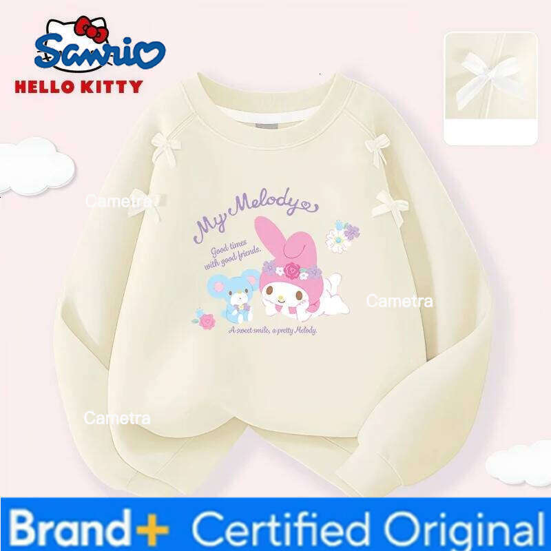 Sanrio Hello Kitty Girl Bow Decoration Hoodies Soft Breathable Long-sleeved T-shirt Kids Round-neck Comfortable Pullover H260112
