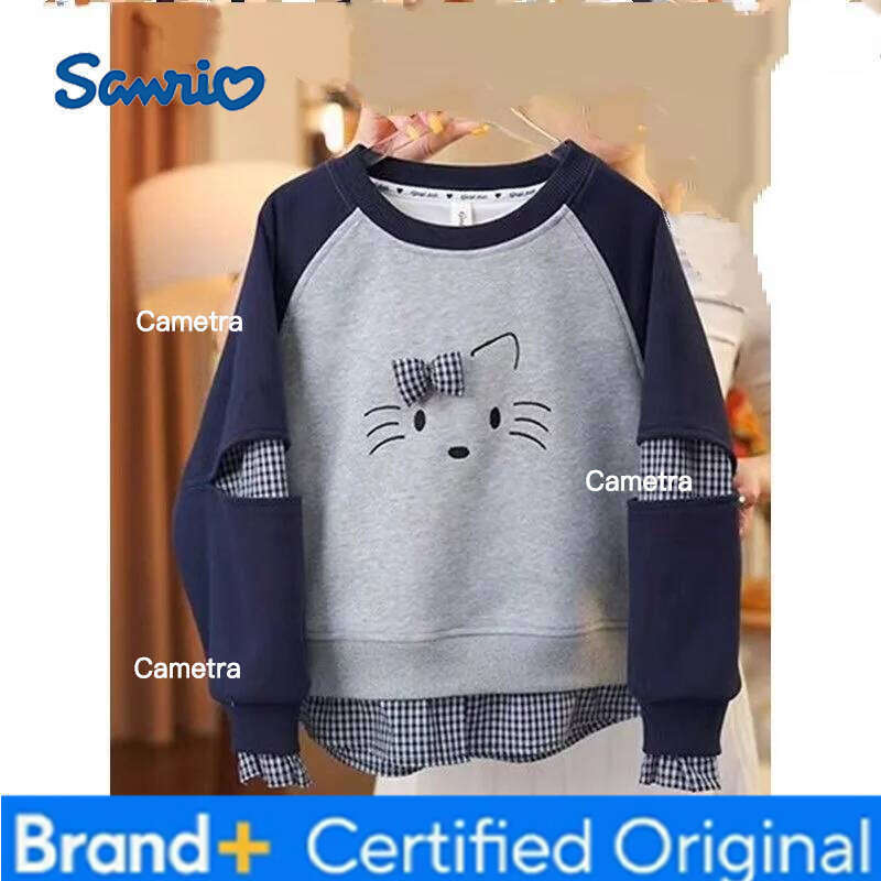 Sanrio Hello Kitty Kpop Sweatshirt 2025 New Autumn and Winter Plaid Tops Girls Long Sleeve Children's Clothing H2601121
