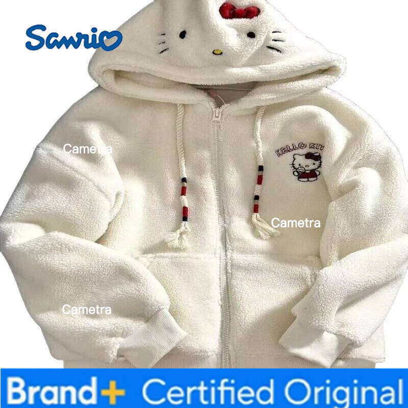 Sanrio Kt Hoodie Coat Sweatshirt Women Winter Cartoon Lamb Wool Embroidery Cute Japanese Fleece Lined Thick Warm Casual Jacket Kawaii H260112