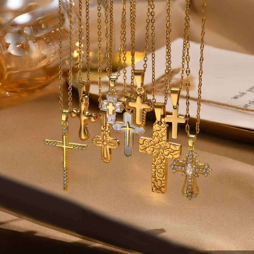 Vnox Christian Religion Necklaces For Women Men, Zircon Cross Pendant Charm Necklace, Classic Gold Plated Jewelry H260112