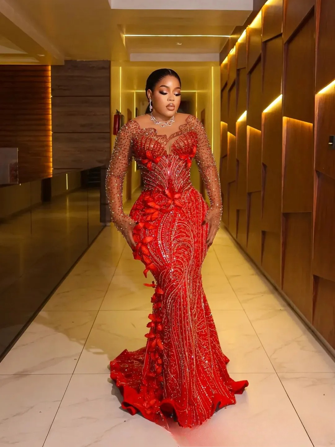 Plus Size Red 2026 Prom Mermaid Evening Dresses For Black Women Beaded Lace Crystals Flora Illusion Long Sleeves Birthday Dress Second Reception Gowns