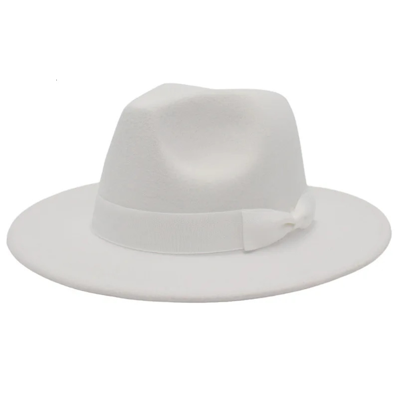 Wide Brim Cream Bow Fedora Hats for Women Men Autumn Winter Solid Color Jazz Top Hat for Wedding Party Church Panama Felt Cap 260109