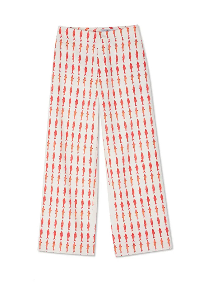 Summer Women Cartoon Red Fish Print O Neck Tank Top And Straight Female Long Pants Short Sleeve Shirt Wide Leg Pant 2 Piece Sets 260109