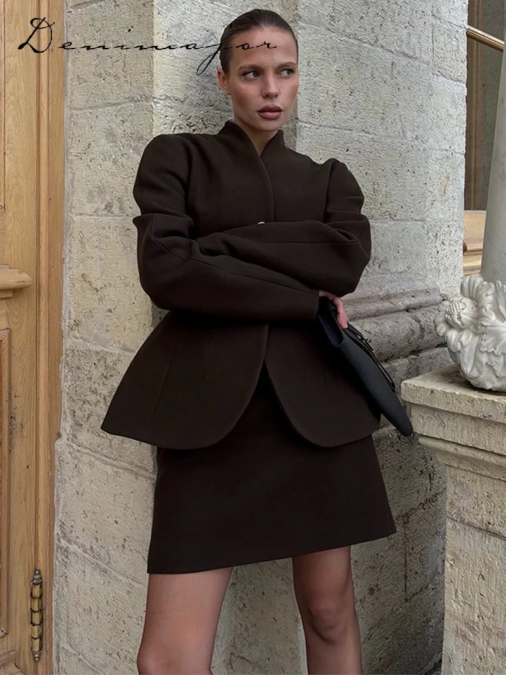 Brown Woolen Jacket Mini Skirt Sets Women Slim Waist Metal Button Long Sleeve Coat A-line Skirt 2025 Autumn 2 Pieces Outfits 260109 - view 6