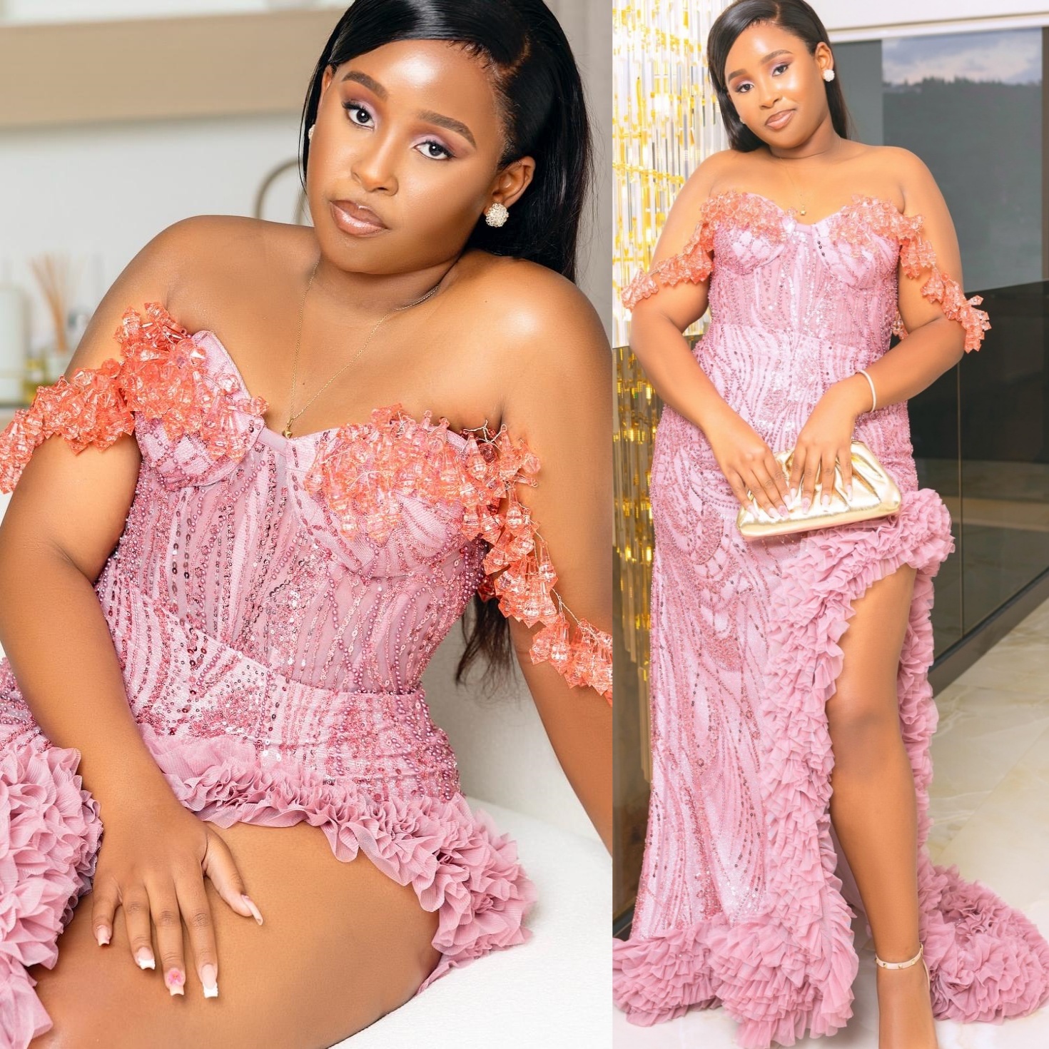 Aso Ebi Pink Sheath Prom Dresses 2026 Rhinestones High Split Sequined Evening Formal Party Second Birthday Engagement Gowns Dress For Special Occasion