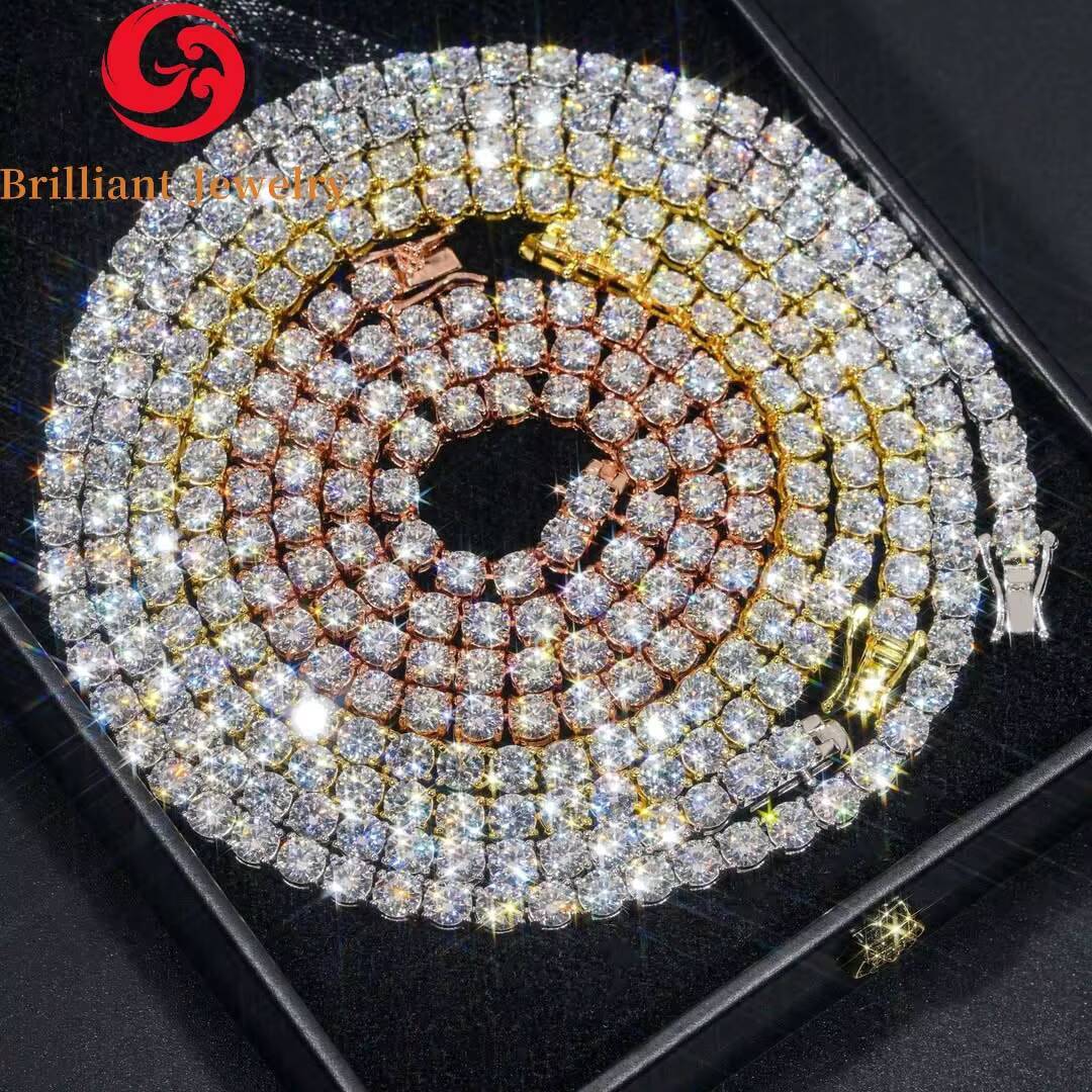 Luxury Fine Necklace Men Women Hip Hop Iced Out 2MM 3MM 4MM 5MM Moissanite Diamond 925 Silver Vvs Moissanite Tennis Chain