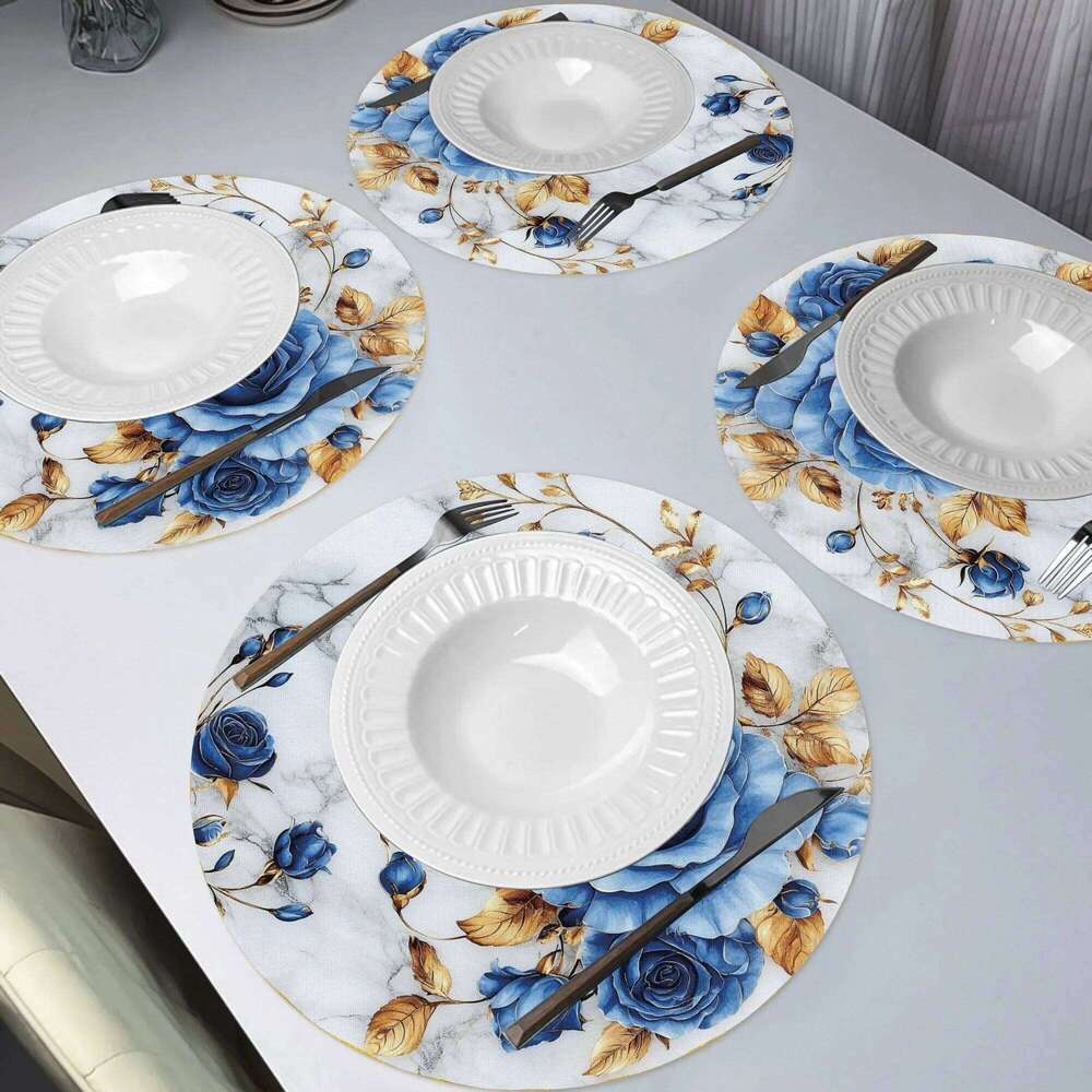 Set Of Blue Rose Patterned Round Heat Resistant Modern Art Style Decorative Placemats Table Decoration